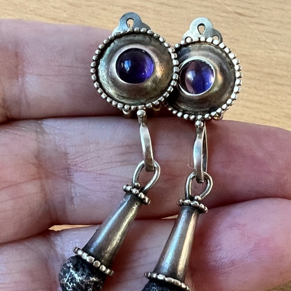 VINTAGE MMA METROPOLITAN MUSEUM 1993 AMETHYST CABOCHON DROP DANGLE EARRINGS 925S - Picture 3 of 16